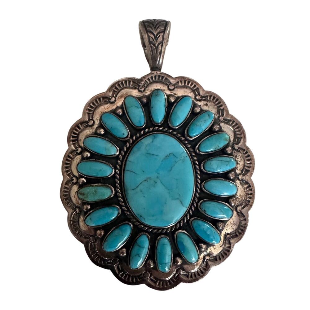 925 Sterling Silver Large Blue Kingman Turquoise Cluster Pendant 27g